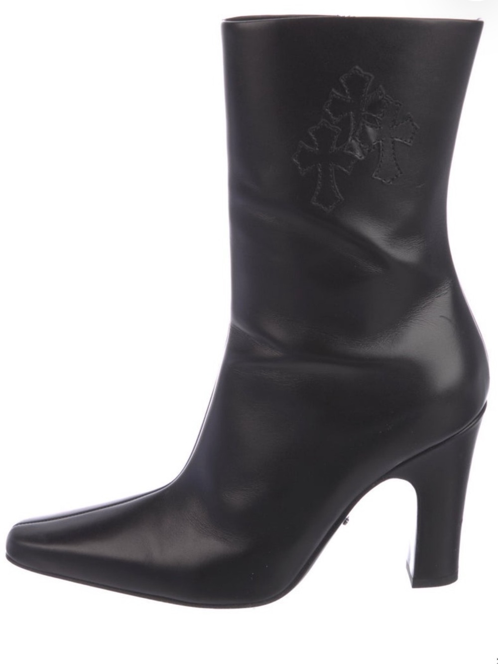 Chrome Hearts Sugar Jones Ankle Sock Boots Black Leather Mid-Calf Heeled 7 IT
